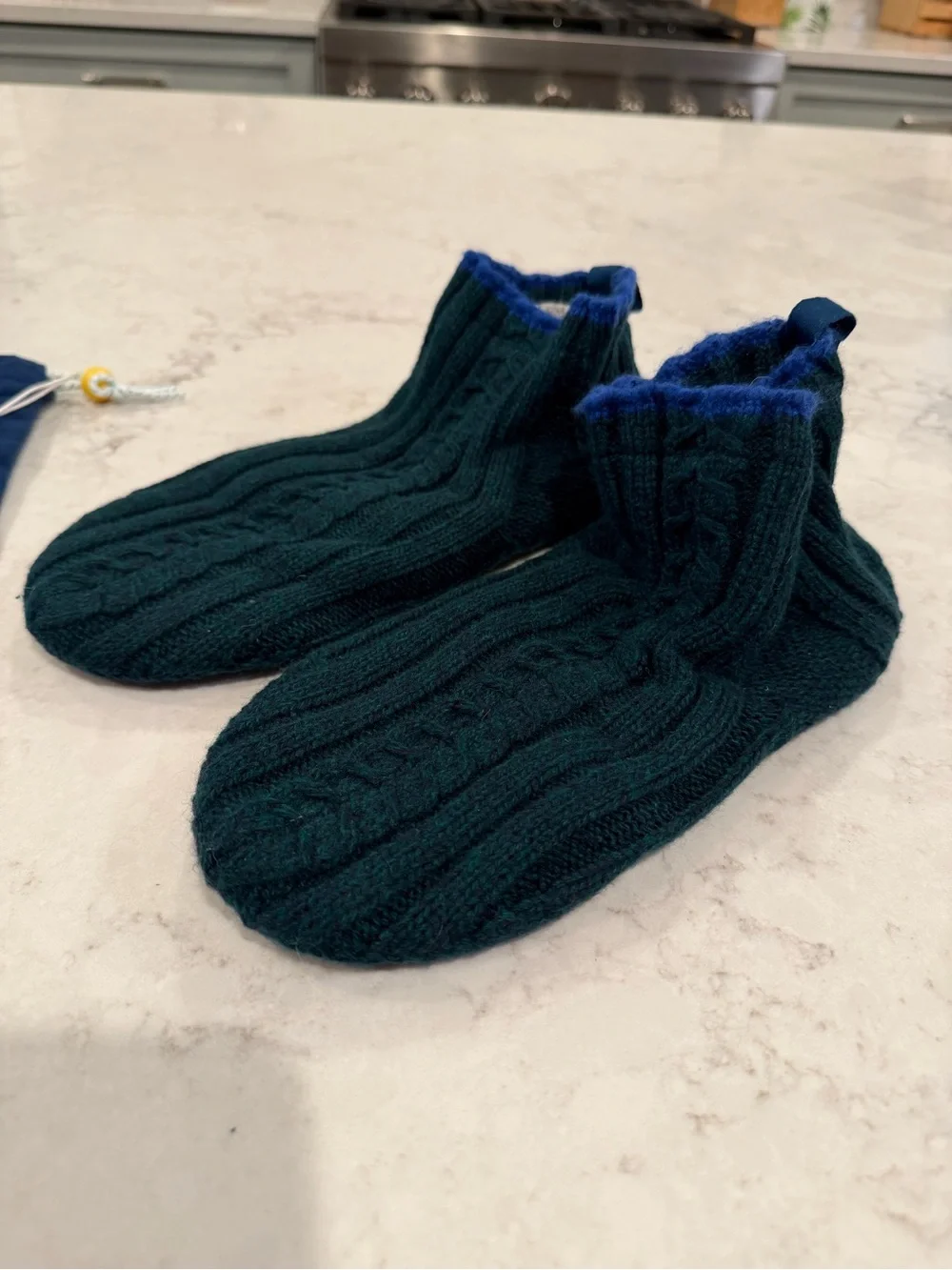 Bombas Forest Green Knit Slipper Socks with Blue Trim size L